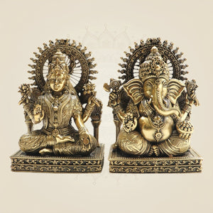5" Brass Ganesh Lakshmi Murti with Ornamental Temple Arch - Luxeartisanship