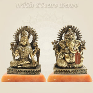 5" Brass Ganesh Lakshmi Murti with Ornamental Temple Arch - Luxeartisanship