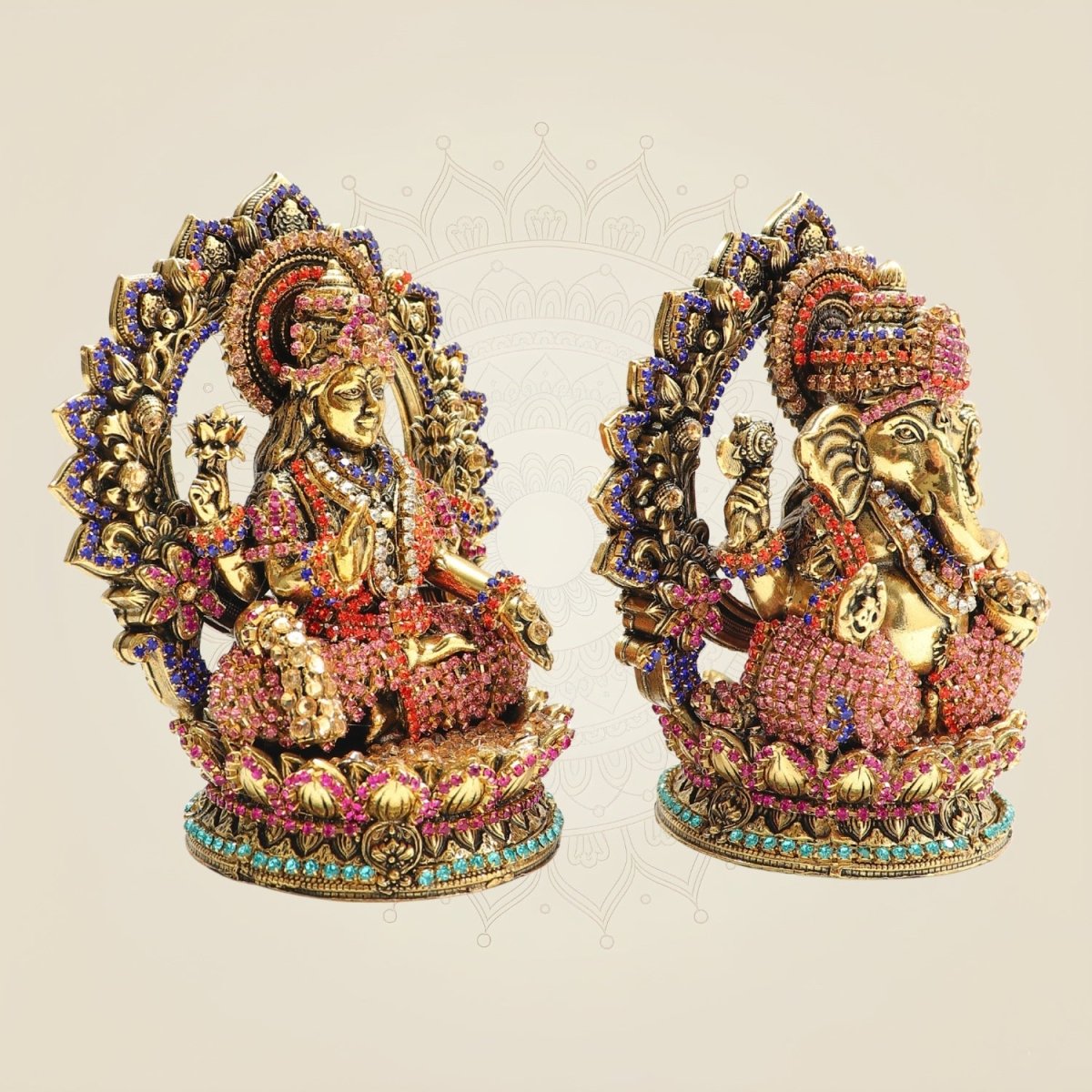5" Brass Lakshmi Ganesh Idol with Multicolour Jewellery Stone Work - Luxeartisanship