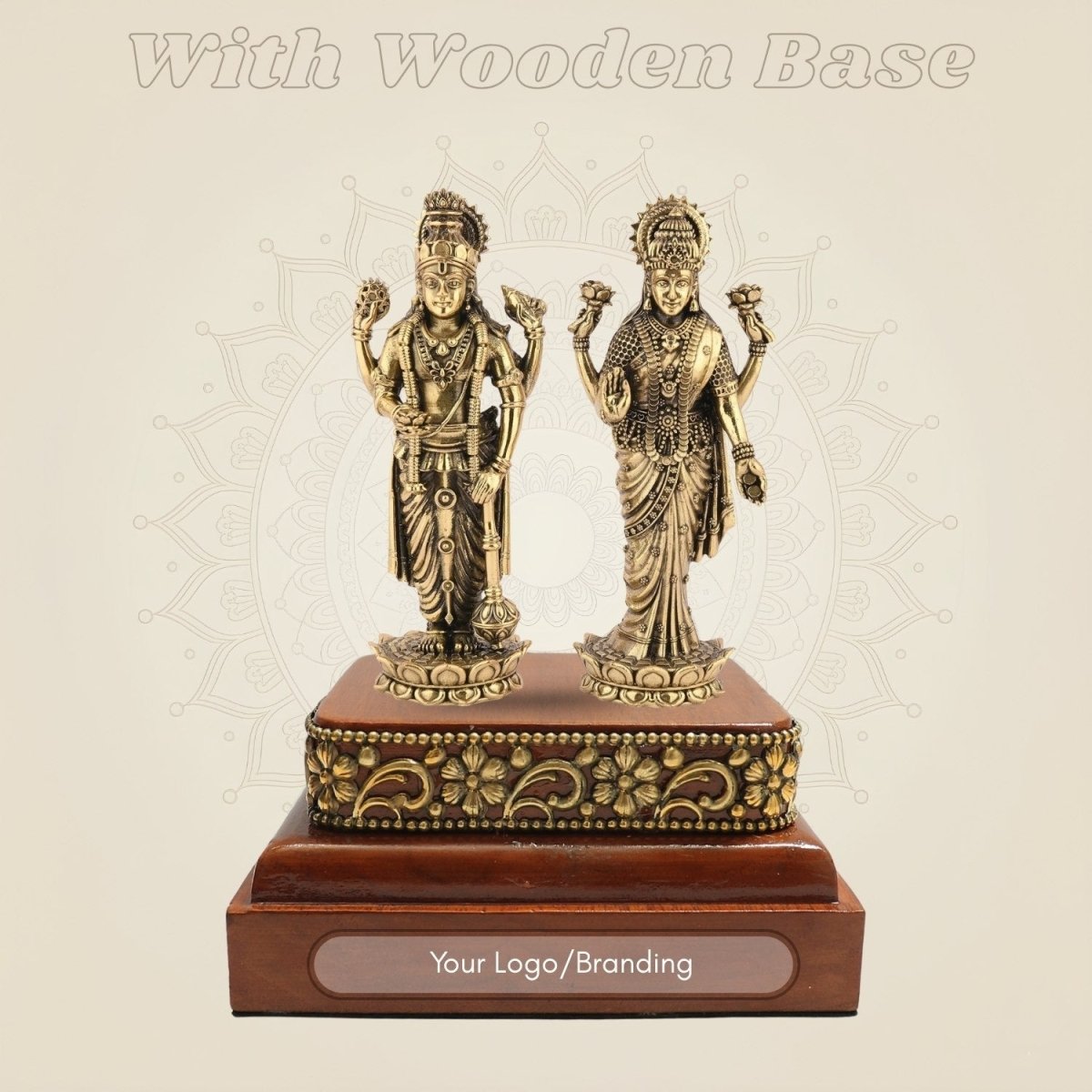 Lakshmi Vishnu Brass Sculpture on Elegant Wooden Base