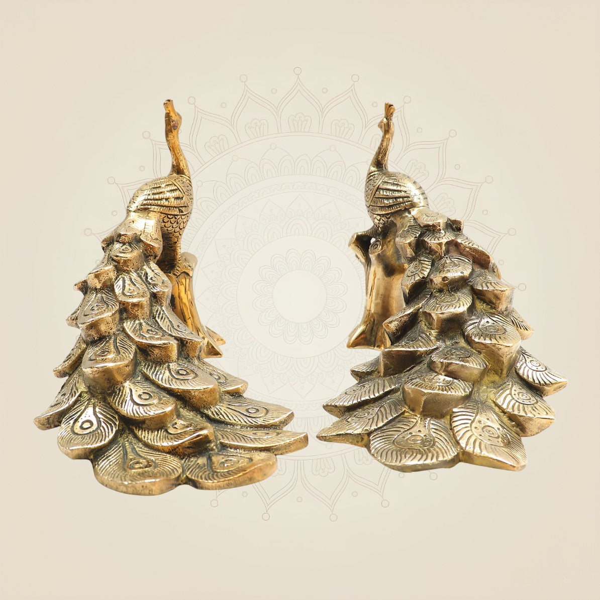 Brass Peacock Bird Sculpture with Textured Tree Trunk Base