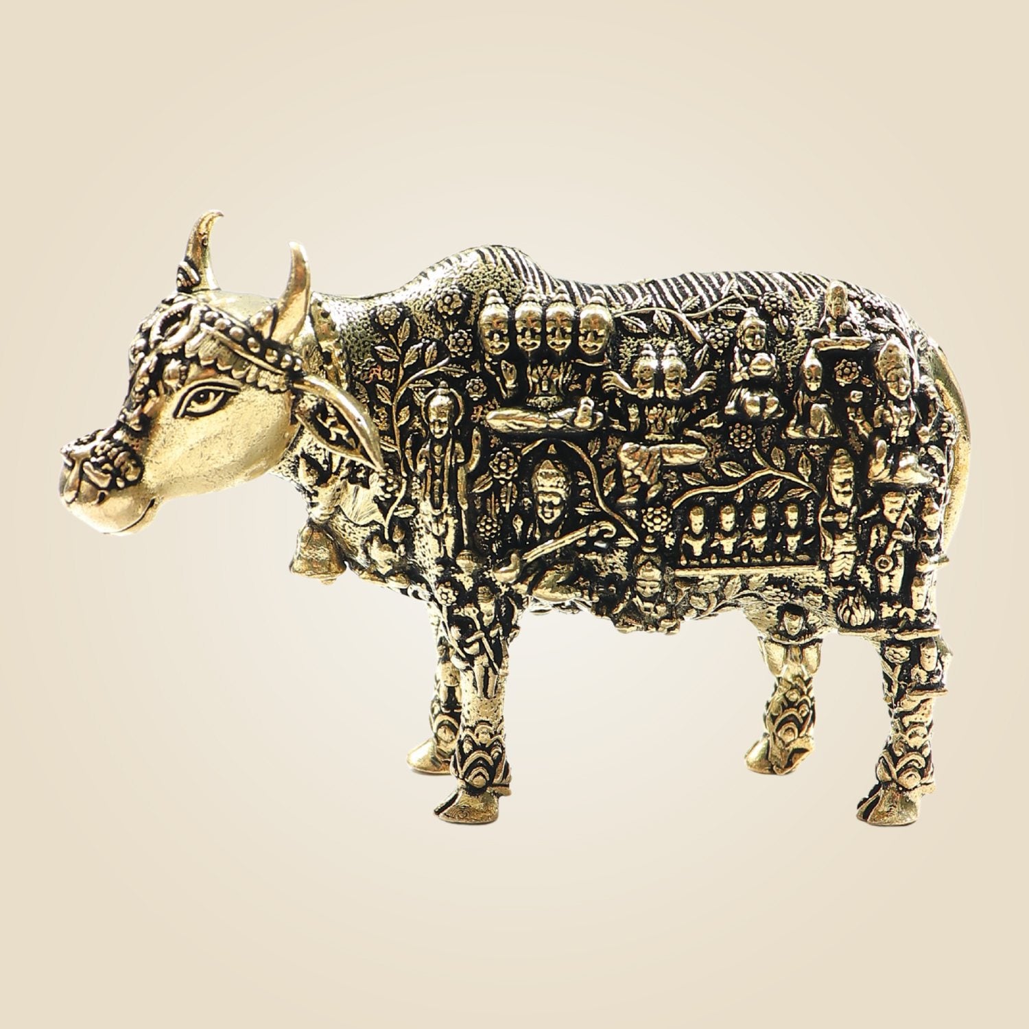 Exquisite Kamadhenu Cow Brass Statue 3"– Divine Artwork for Home