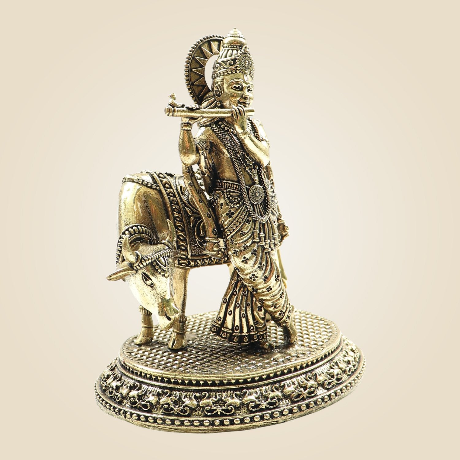 Krishna with Cow Brass Idol – Flute Playing Divine Murti - 5"