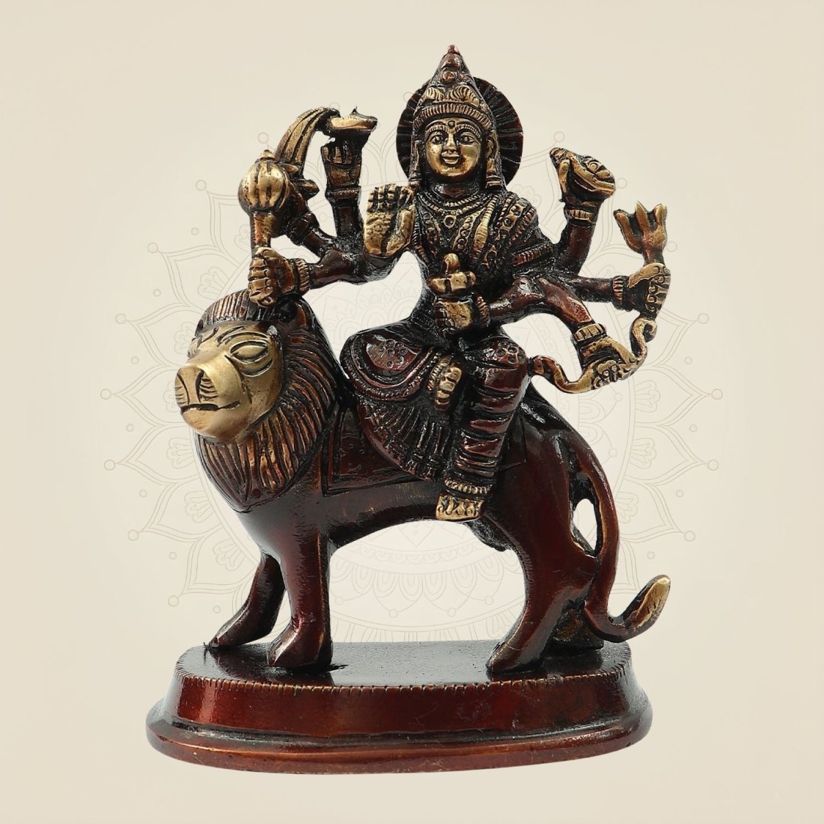 5.25" Brass Durga Maa Idol on Lion – Powerful Simhavahini Goddess Statue for Navratri Puja - Luxeartisanship