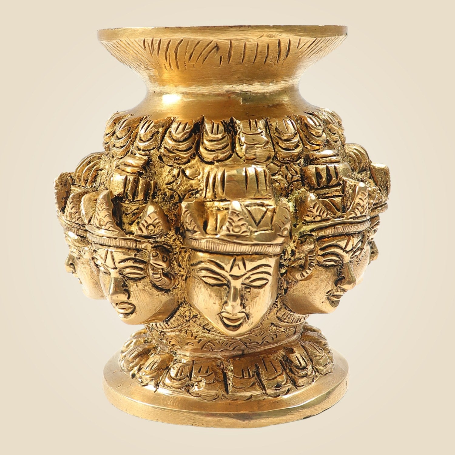 Heritage Artwork Brass Ashta Face Kalash 3.35"- Traditional Ashtalakshmi Puja Pot