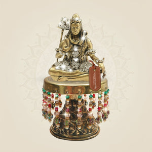 5.4" Brass Mahadev Idol on Chowki with Jewellery Stone Work - Luxeartisanship