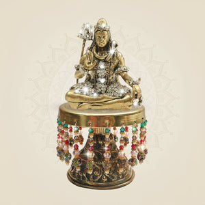 5.4" Brass Mahadev Idol on Chowki with Jewellery Stone Work - Luxeartisanship