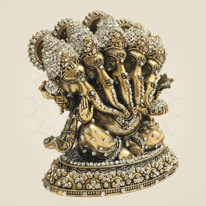 5.5" Panchmukhi Ganesha Brass Murti with Sheshnag Jewellery Stone Work - Luxeartisanship