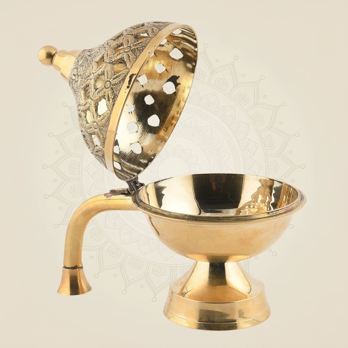 Brass Dhoop Dani with Handle – Floral Design Incense Burner
