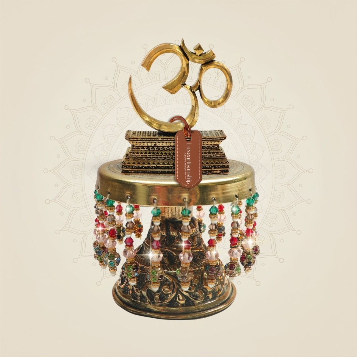 6" Brass Om Symbol on Stand with Chowki for Positive Energy Flow - Luxeartisanship