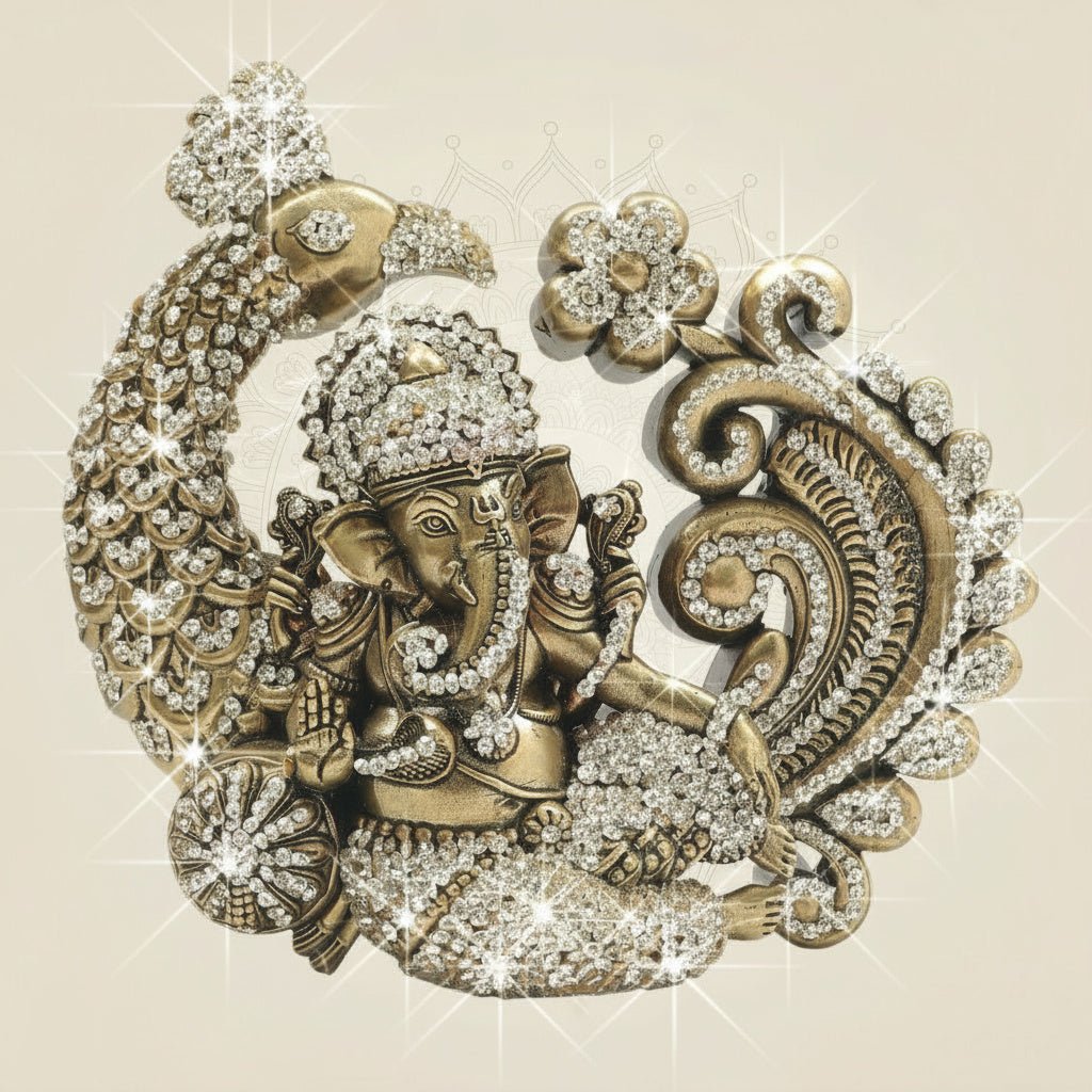 6" Ganesha Brass Statue in Ornate Peacock Farm with Jewellery Stone Work - Luxeartisanship