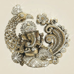 6" Ganesha Brass Statue in Ornate Peacock Farm with Jewellery Stone Work - Luxeartisanship