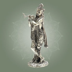 6" Lord Krishna Silver Plated Brass Idol for Home Decor and Gifting - Luxeartisanship