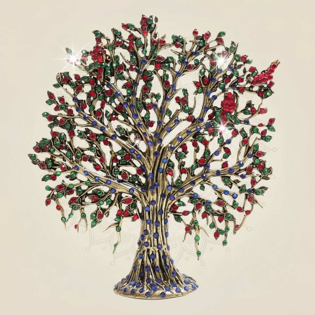 6.25" Brass Kalpavriksha Tree Idol with Multicolor Jewellery Stone Detailing - Luxeartisanship
