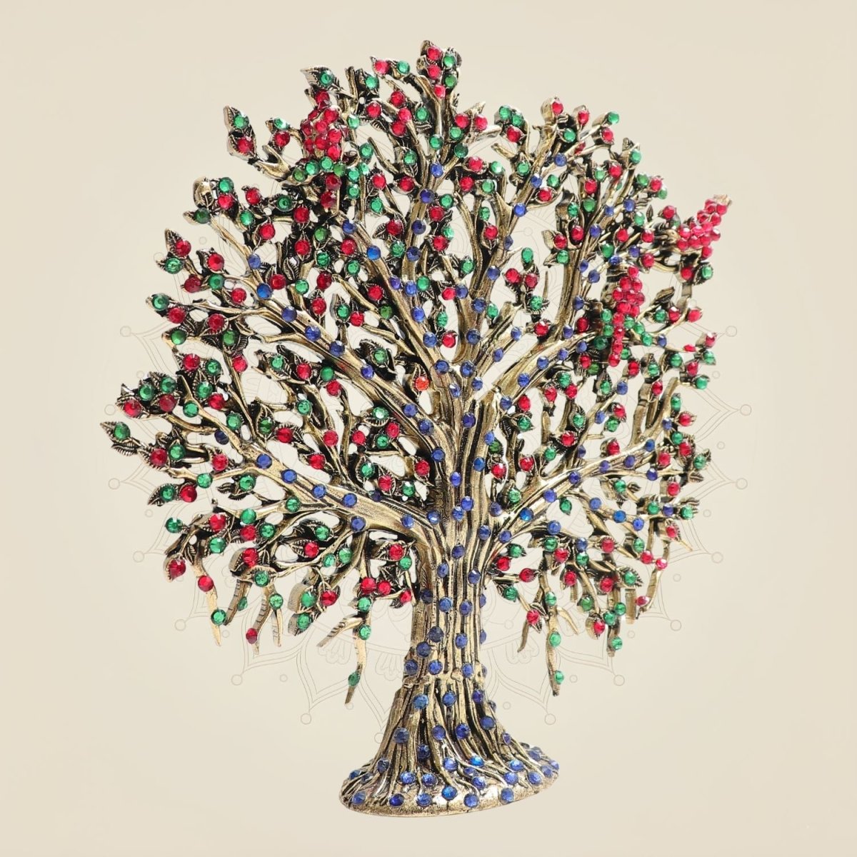 6.25" Brass Kalpavriksha Tree Idol with Multicolor Jewellery Stone Detailing - Luxeartisanship
