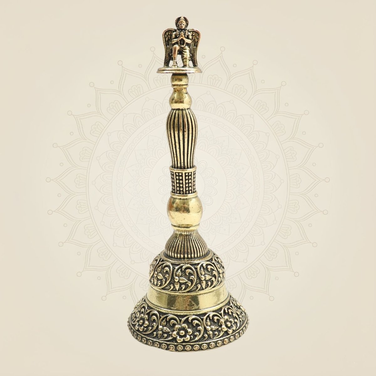 6.5" Medium Size Brass Garuda Hand Bell Featuring Traditional Sacred Motifs - Luxeartisanship