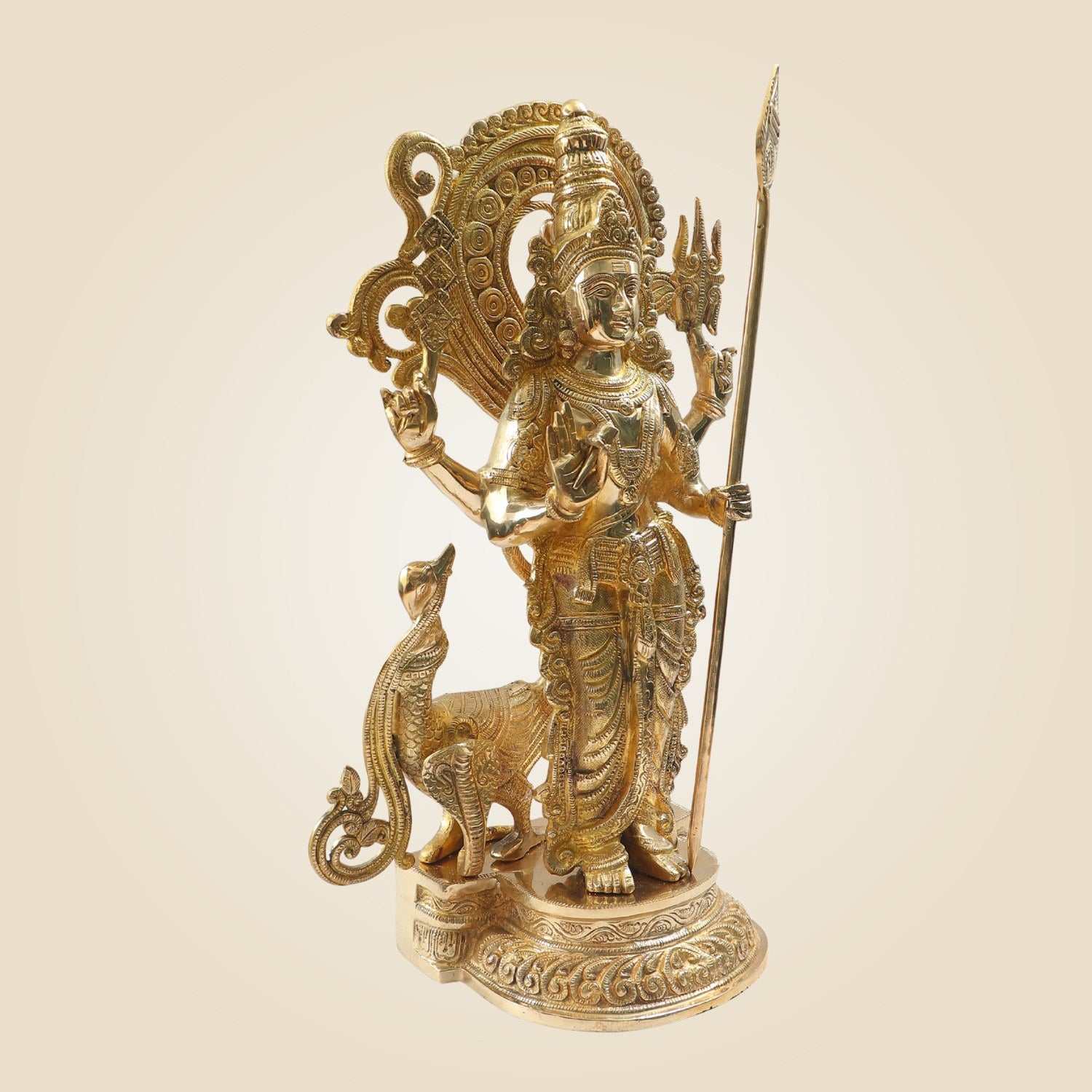 Big Murugan Idol 20"- Brass Kartikeya Murti with Peacock Vahan for Temple & Home