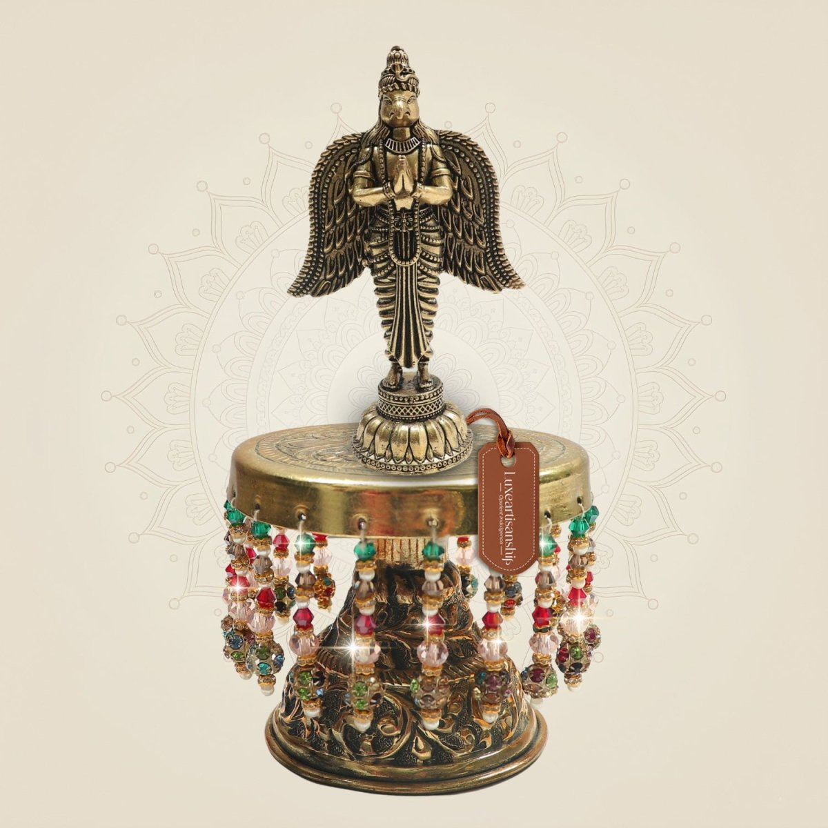 7" Brass Garuda on Chowki Suitable for Home Temple Placement - Luxeartisanship