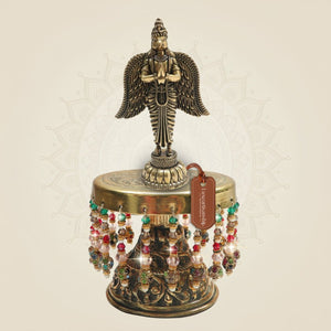 7" Brass Garuda on Chowki Suitable for Home Temple Placement - Luxeartisanship