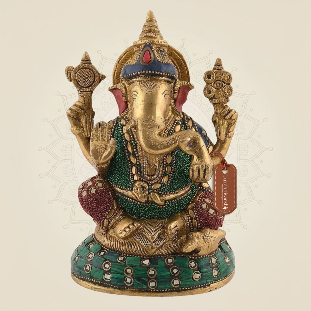 Meenakari Brass Ganesha Idol – Handcrafted Gemstone work Murti