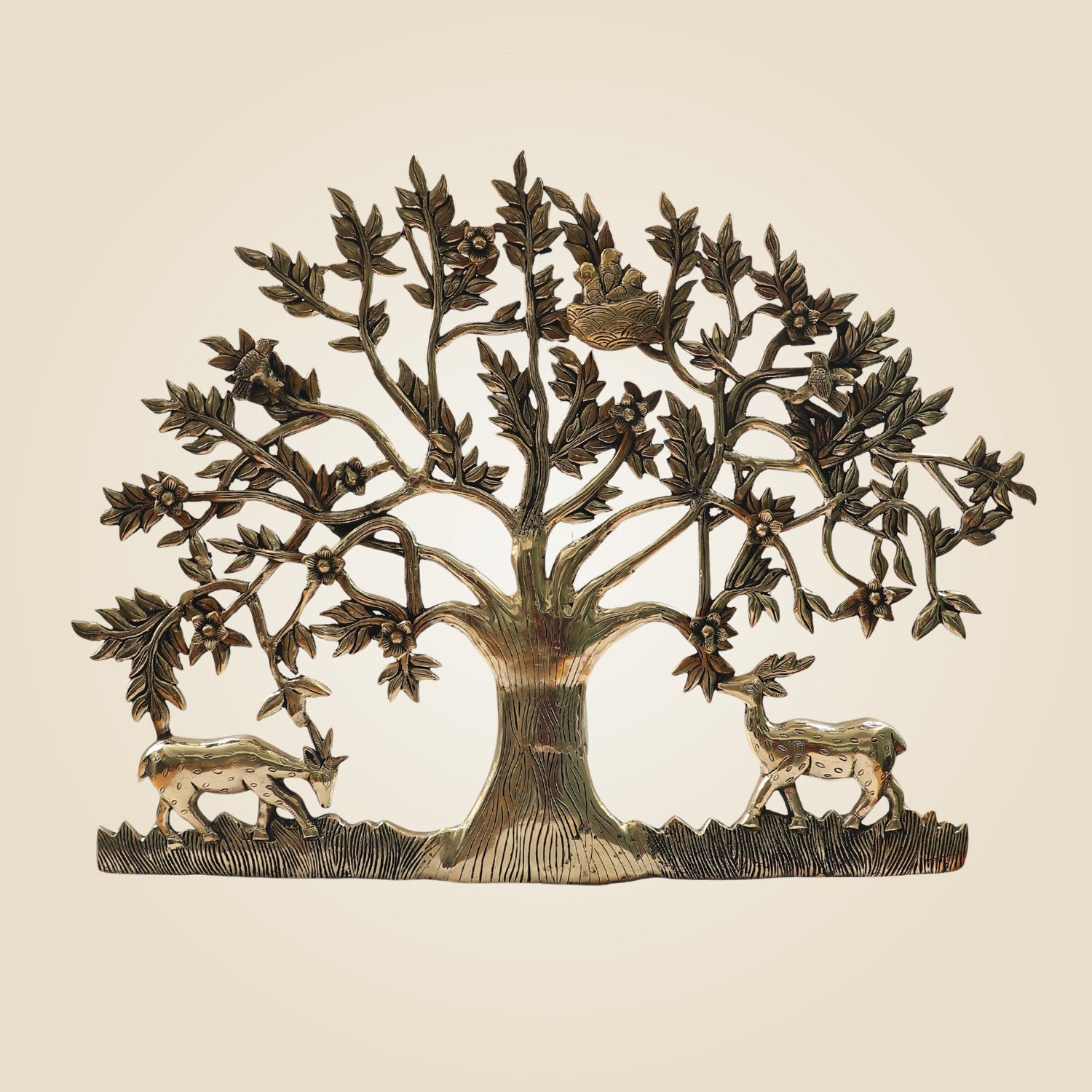 Brass Tree of Life Wall Art 22"- Kalpavruksha with Deer & Birds for Auspicious Décor