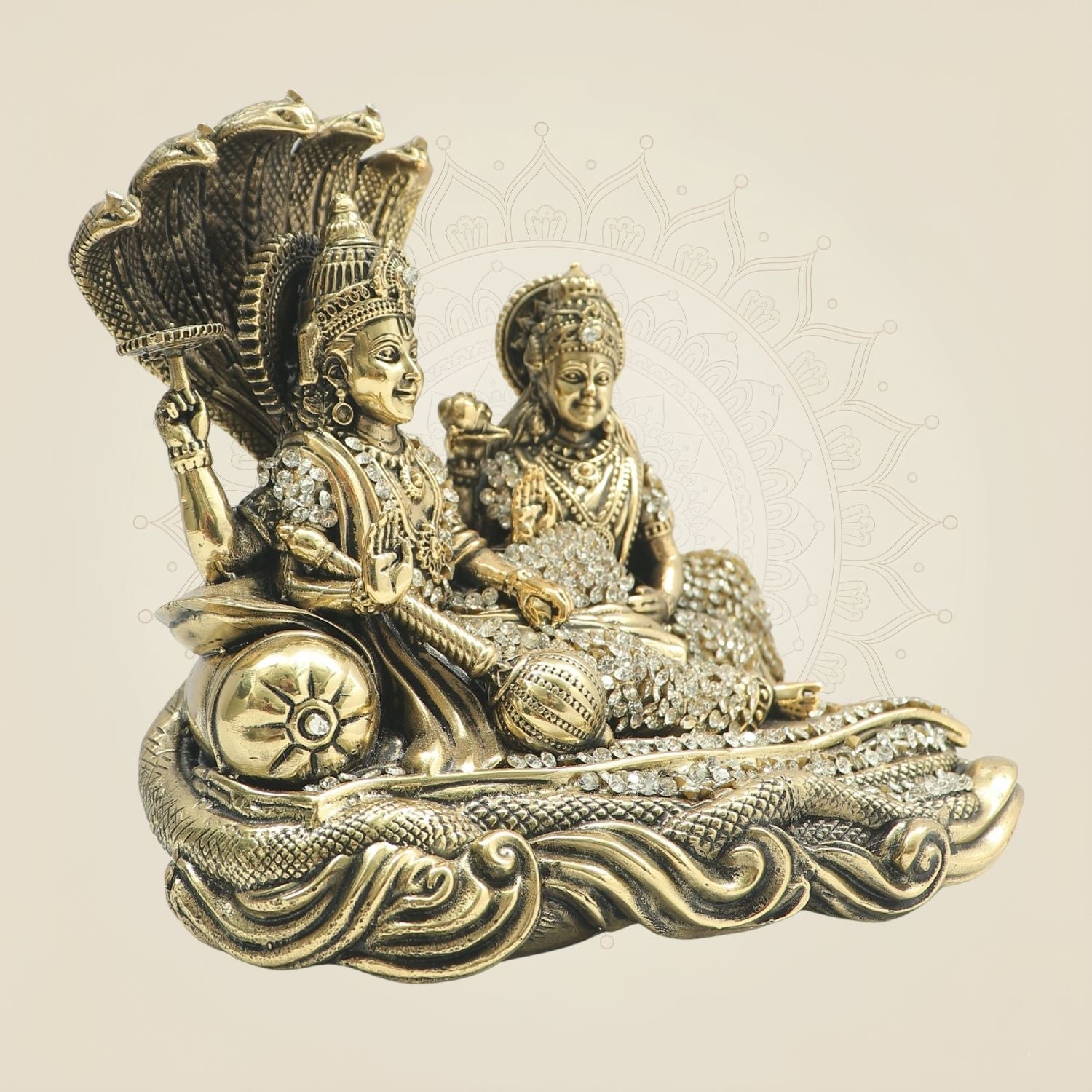 Brass Lakshmi Narayan Idol 6" Seated on Sheshnag Highlighted by Radiant Stone