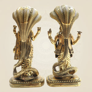 8.5" Brass Lakshmi Vishnu Idol beneath Sheshnag Serpent Hood - Luxeartisanship