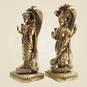 8.5" Brass Lakshmi Vishnu Idol beneath Sheshnag Serpent Hood - Luxeartisanship