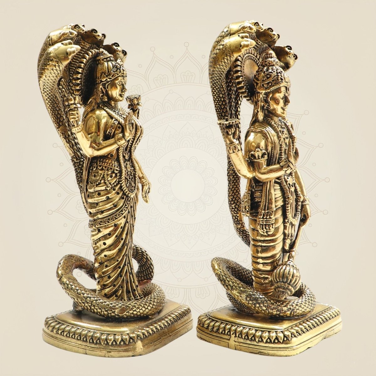 8.5" Brass Lakshmi Vishnu Idol beneath Sheshnag Serpent Hood - Luxeartisanship
