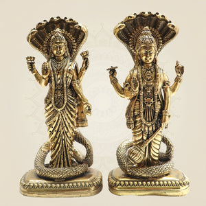 8.5" Brass Lakshmi Vishnu Idol beneath Sheshnag Serpent Hood - Luxeartisanship