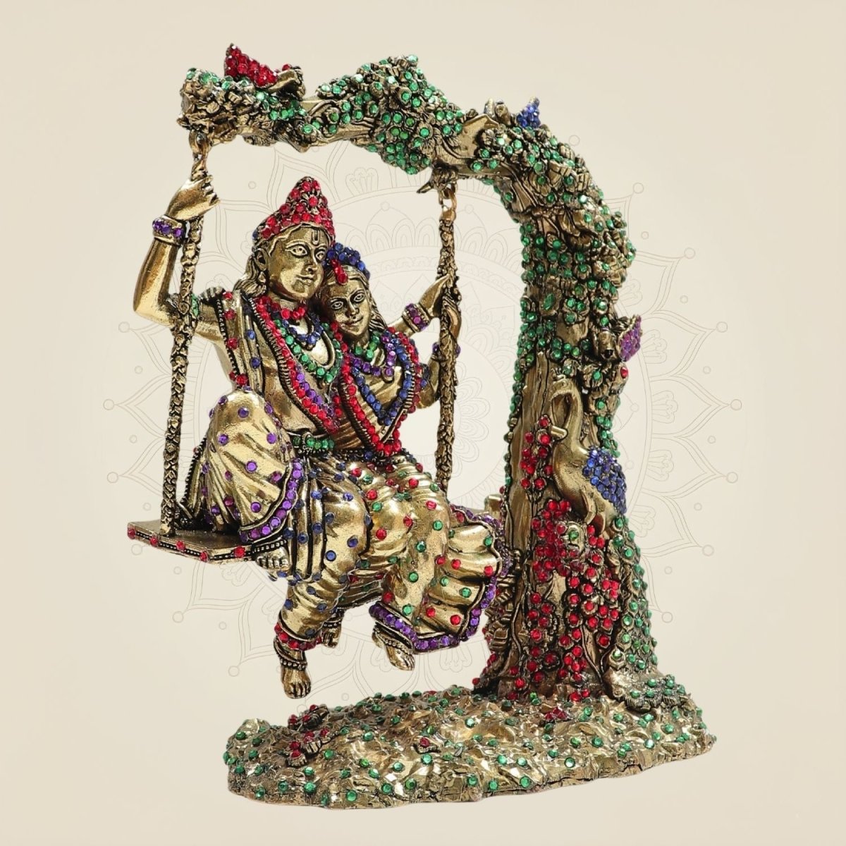 8.5" Radha Krishna Swing Brass Idol Beneath Tree with Rich Jewellery Stone - Luxeartisanship