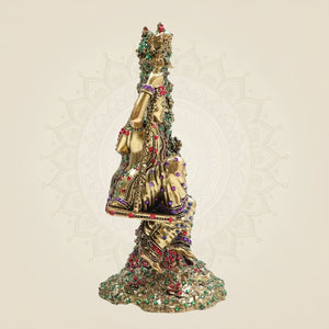 8.5" Radha Krishna Swing Brass Idol Beneath Tree with Rich Jewellery Stone - Luxeartisanship