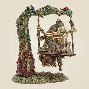 8.5" Radha Krishna Swing Brass Idol Beneath Tree with Rich Jewellery Stone - Luxeartisanship