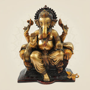 9.25" Brass Ganesh Idol on Throne