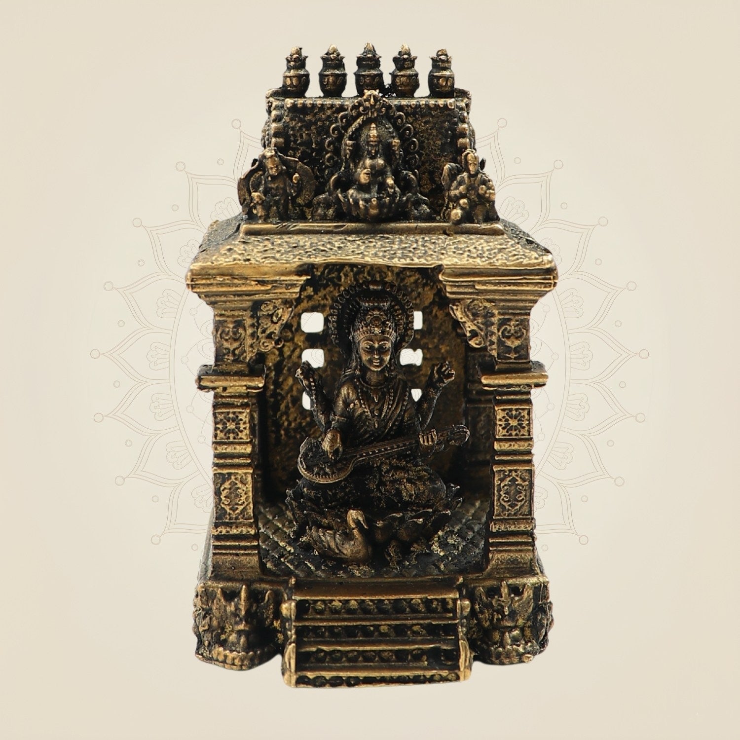 3" Intricate Bronze Saraswati Shrine – Temple-Style Goddess Murti