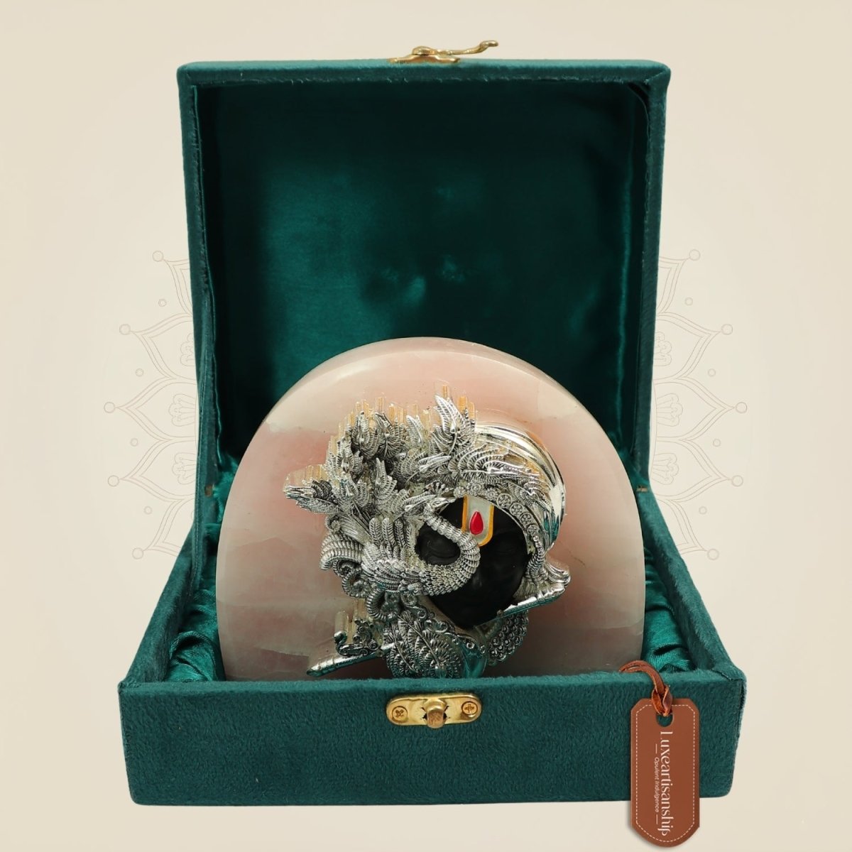 999 Pure Silver Plated Lord Krishna Idol with Flute on Pink Stone base - Luxeartisanship