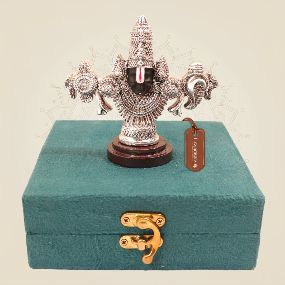 999 Silver Plated Tirupati Balaji Idol with Shankh & Chakra on Wood Base for Pooja & Gifting - Luxeartisanship