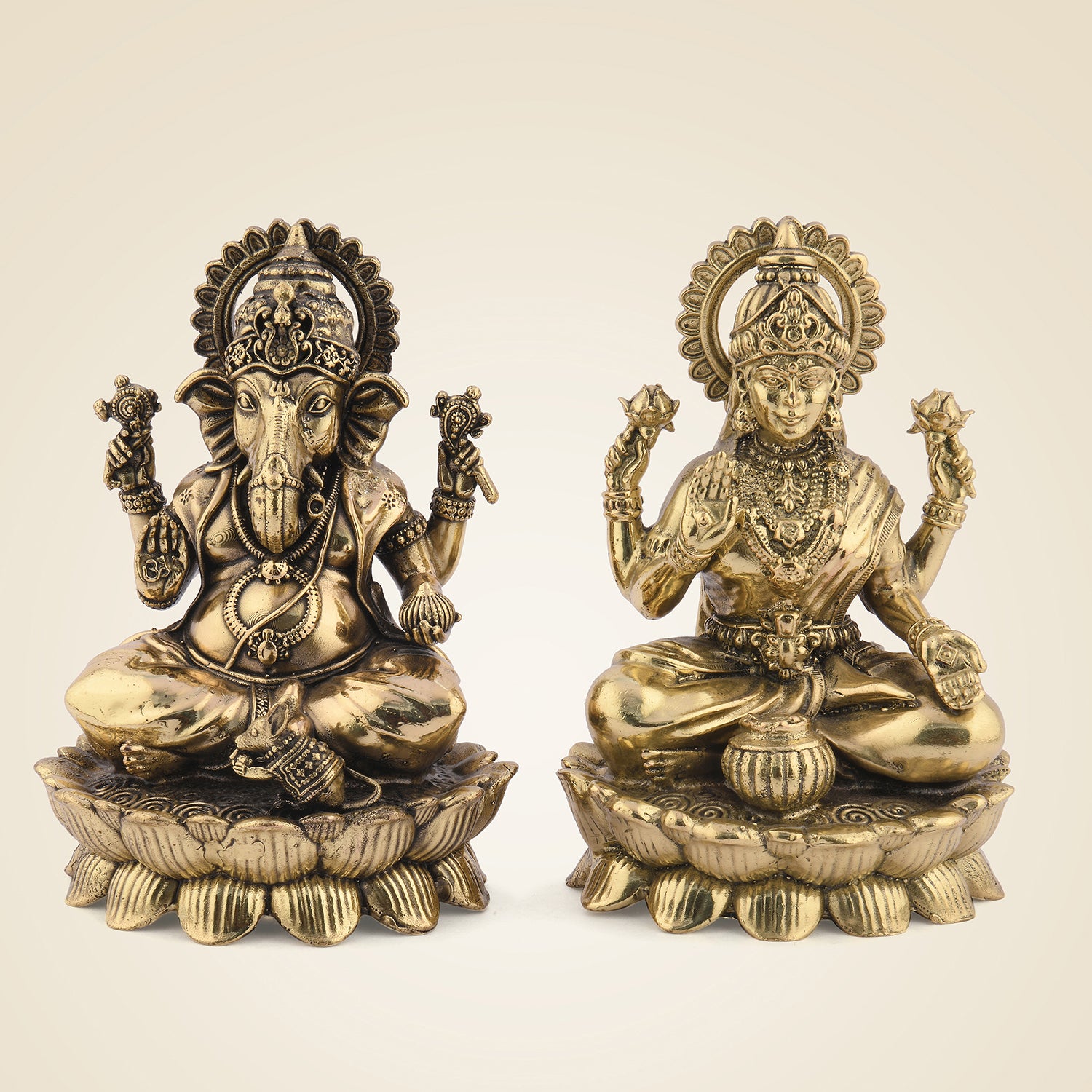 Brass Laxmi Ganesh Idol Pair – Small Lotus Base Murti 3" for Diwali Puja