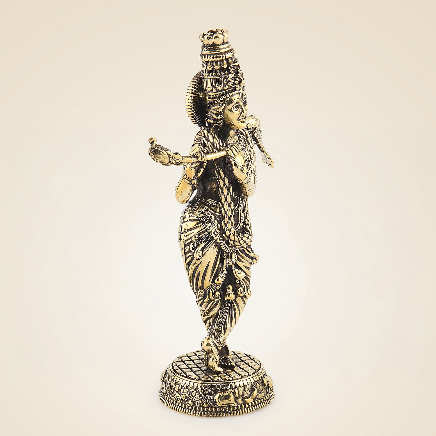 5″ Brass Lord Krishna with Peacock Idol – Divine Sculpture for Gifting & Decor