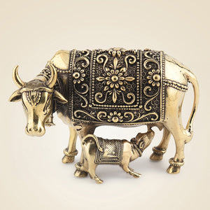 Kamdhenu Cow with Calf Brass Idol - Luxeartisanship