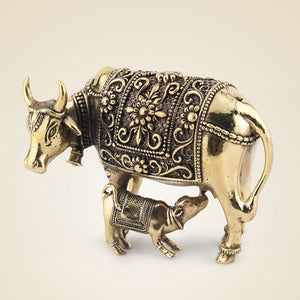 Kamdhenu Cow with Calf Brass Idol - Luxeartisanship