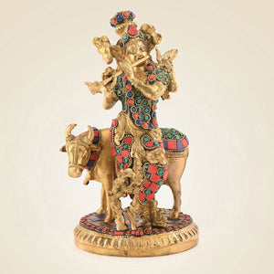 Brass Krishna With Cow