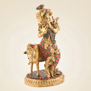 Brass Krishna With Cow