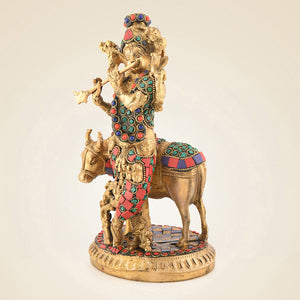 Brass Krishna With Cow