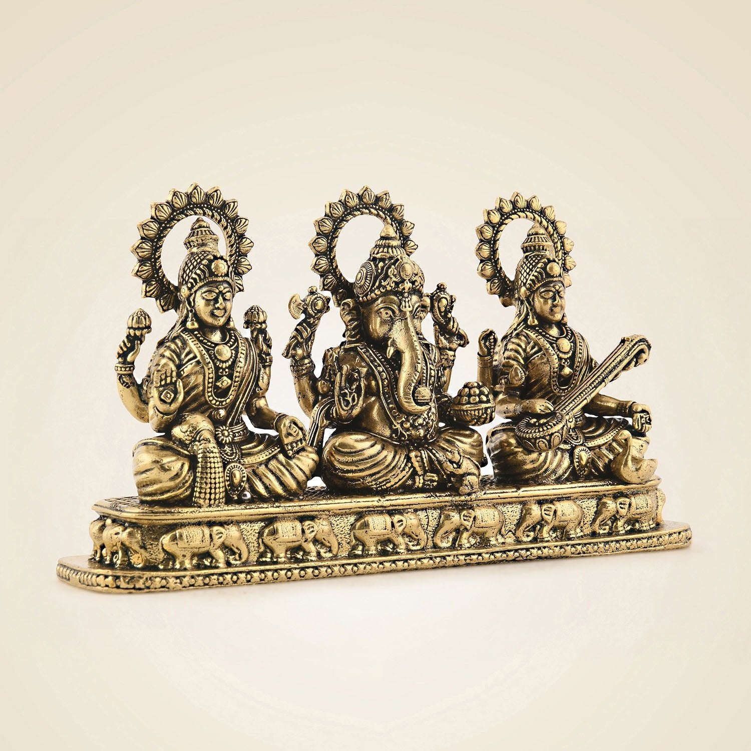 Brass Ganesh Lakshmi Saraswati Idol Set | Divine Hindu God Statue for Pooja & Home Decor 4" - Luxeartisanship