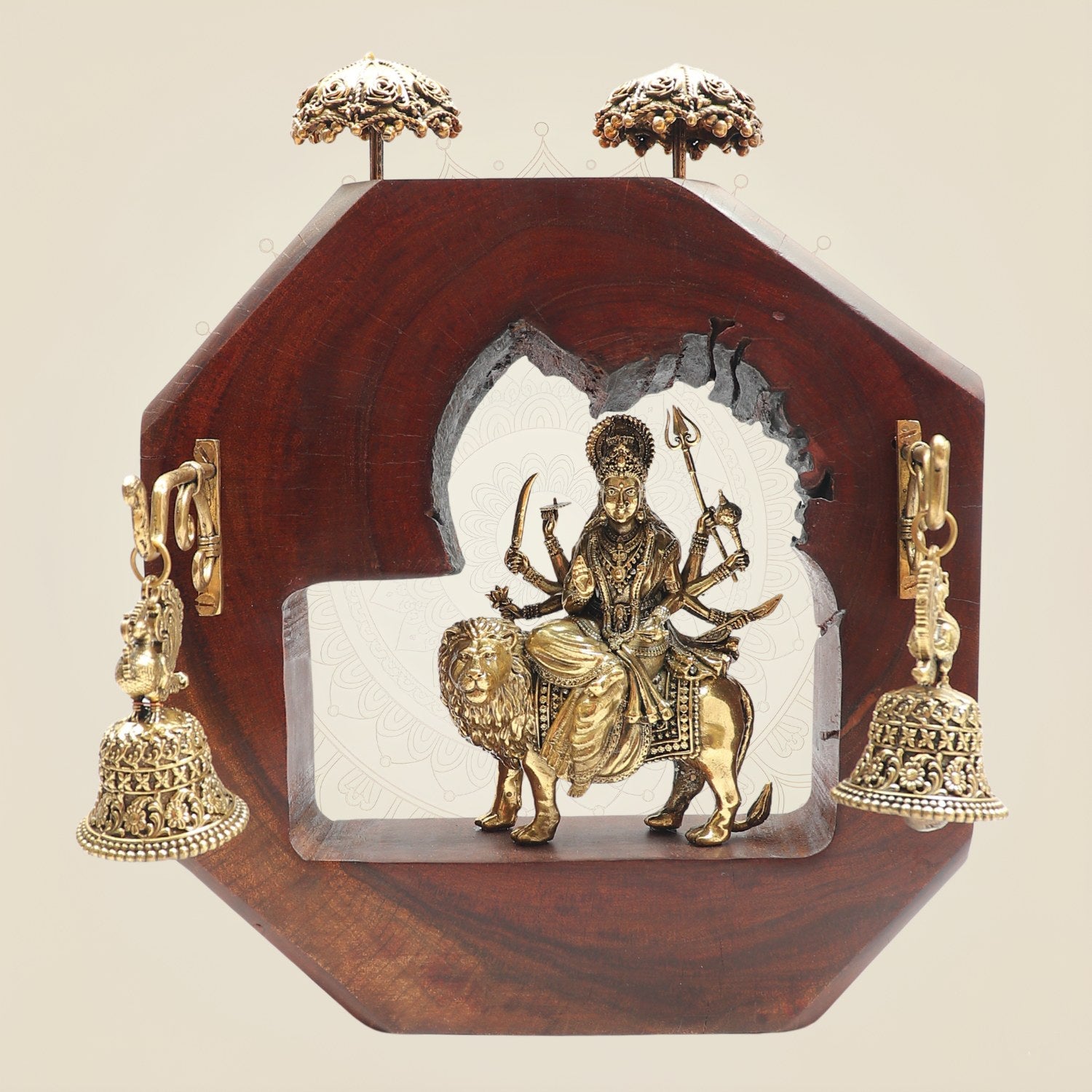 Durga Maa Bronze Idol in Hexagon Wooden Temple Frame with Bells 9.5"