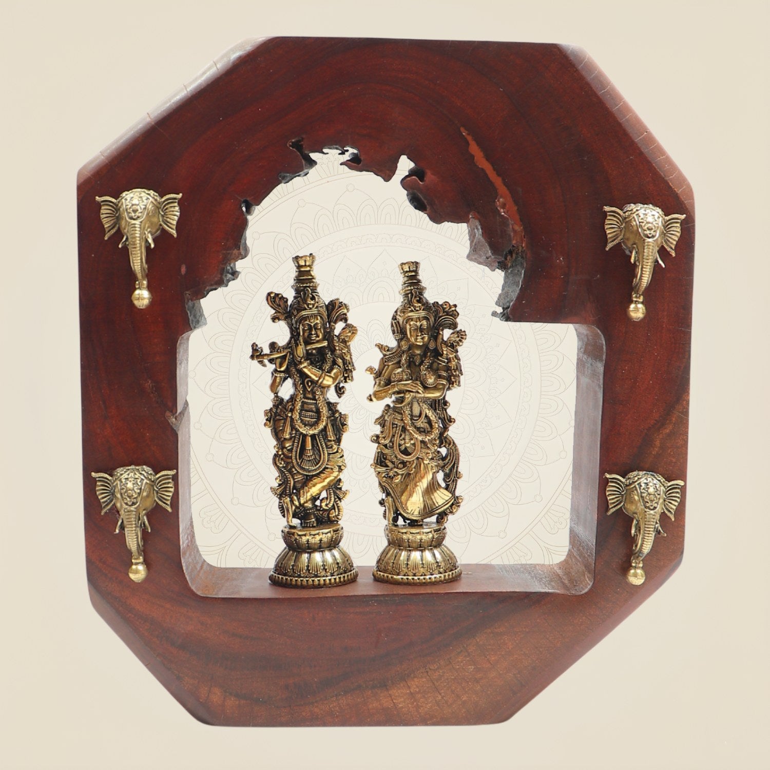 Radha Krishna Murti Brass in Hexagon Wooden Frame with Elephant 10"