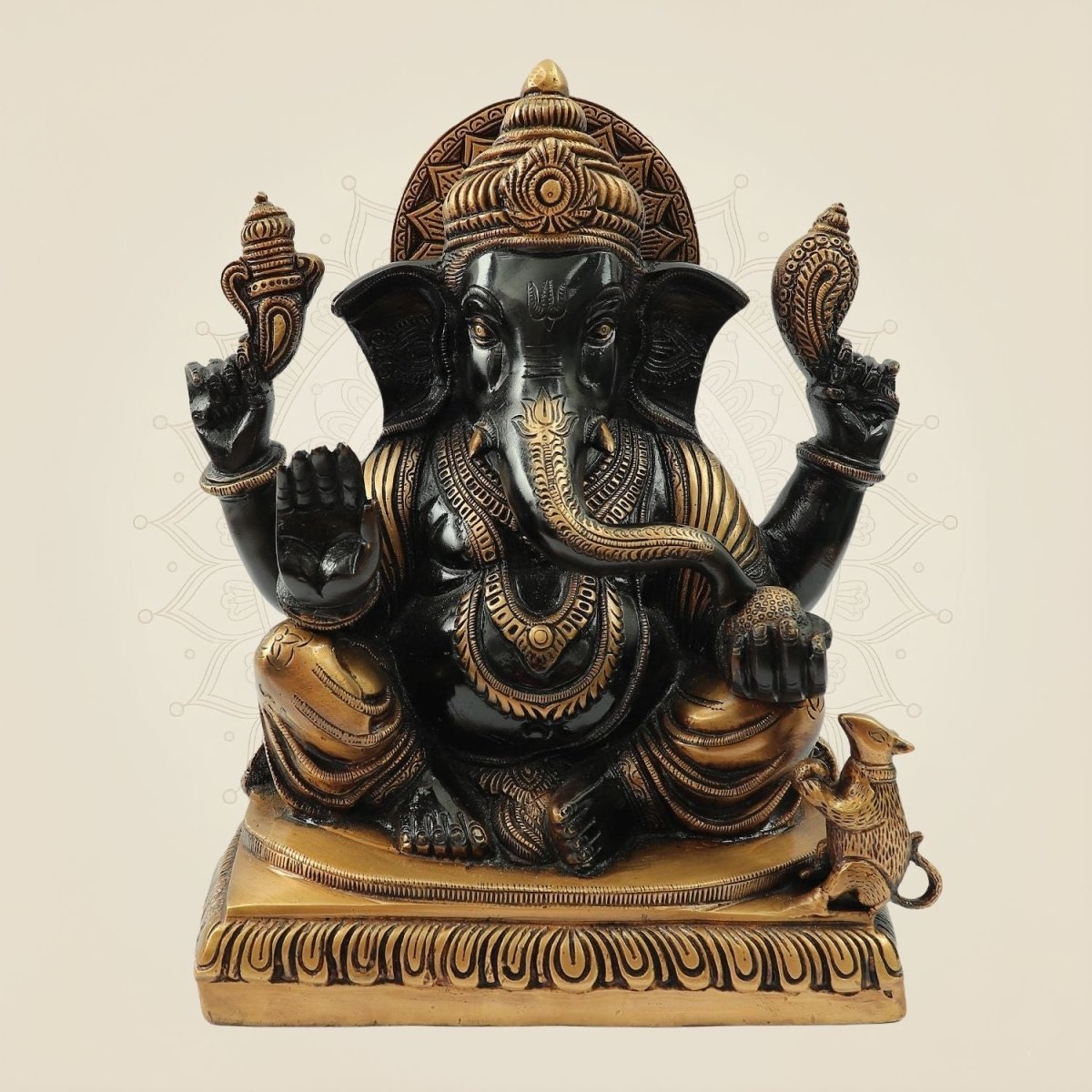 Blessing Surya Ganesh Brass Statue 11" – Black & Gold Handmade Pital Idol - Luxeartisanship