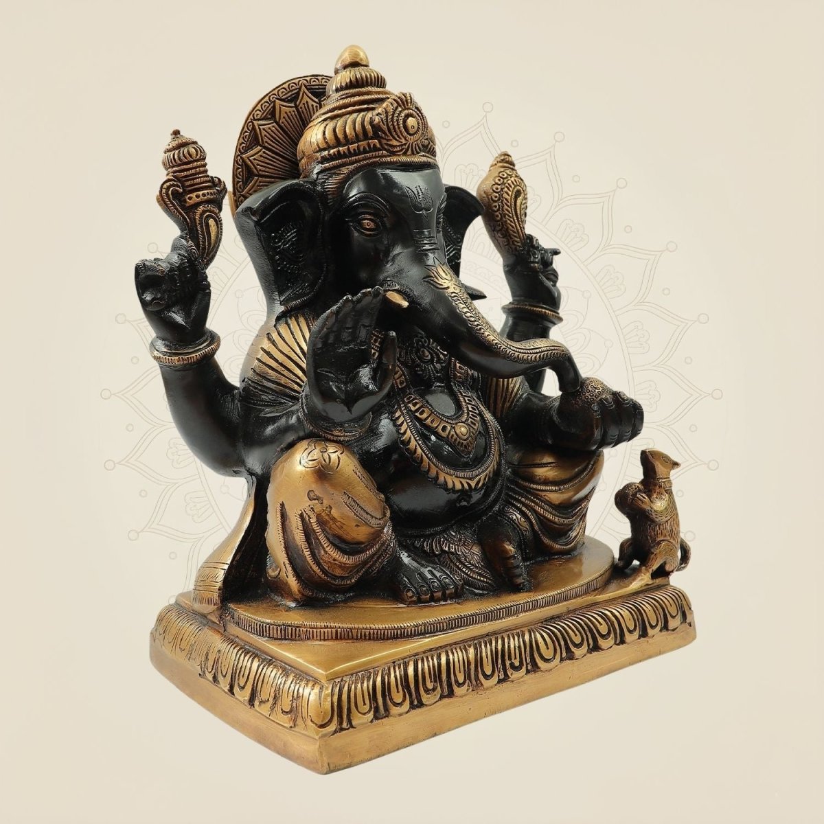 Blessing Surya Ganesh Brass Statue 11" – Black & Gold Handmade Pital Idol - Luxeartisanship