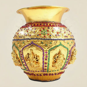 Brass Ashtalakshmi Brass Kalash with Jewellery Stone Work 6" - Luxeartisanship